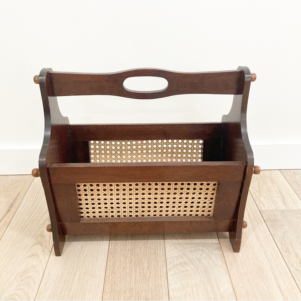 Vintage Brown Wood and Cane Magazine Rack